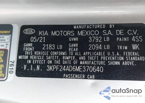 2021 Kia Forte Lxs из США, поврежденный, VIN 3KPF24AD6ME370640